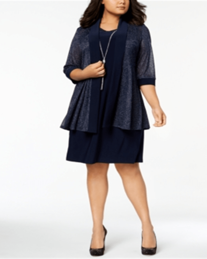 Front of a model wearing a size 18W R & M Richards Women's Plus Shift Dress & Metallic Jacket Green Size 18W in Green by R & M Richards. | dia_product_style_image_id:314521